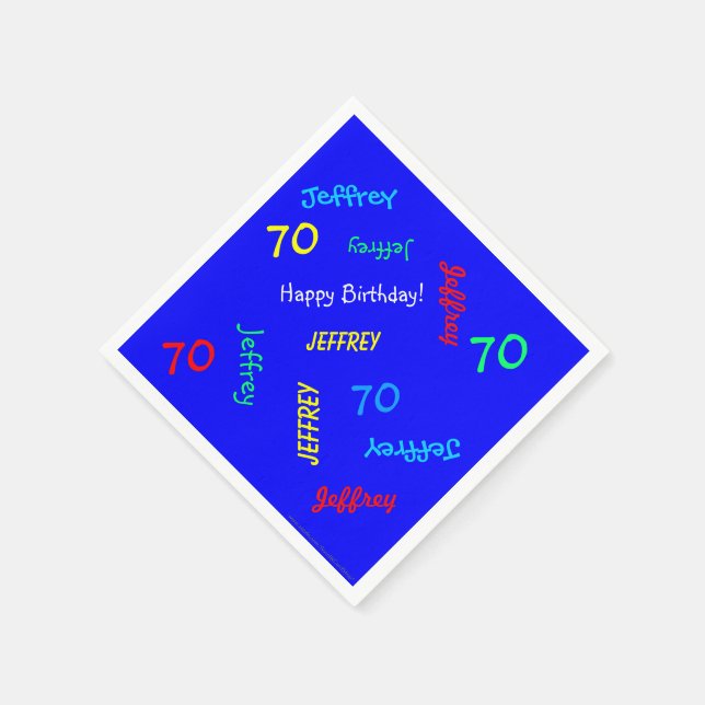 70th Birthday Party Repeating Names Blue Paper Napkin (Corner)