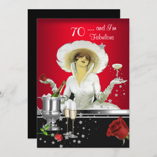 70th Birthday Party Retro Diva Art Deco Red Silver Invitation