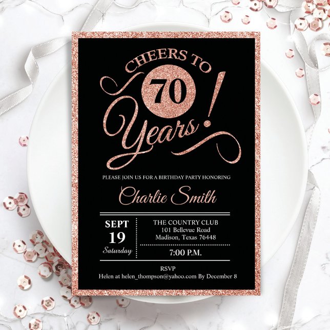 70th Birthday Party - Rose Gold Black ANY AGE Invitation (Creator Uploaded)