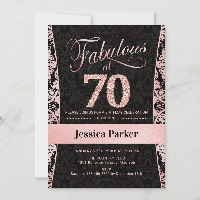 70th Birthday Party - Rose Gold Black Invitation (Front)