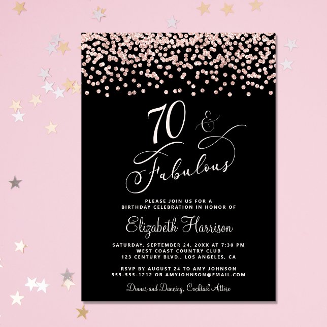 70th Birthday Party Rose Gold Glitter Black Invitation (Celebrate her 70 years of sparkle with an elegant glitter birthday party invitation )