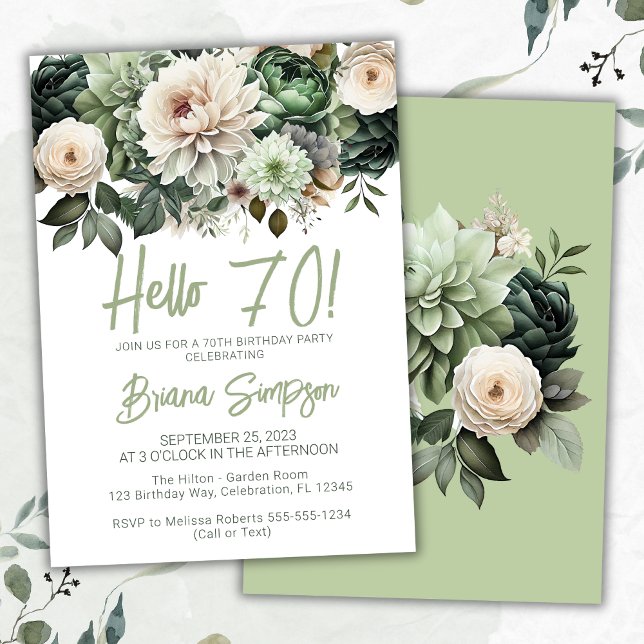 70th Birthday Party Sage Green Floral Invitation (Creator Uploaded)
