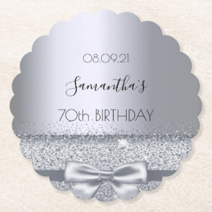 70th birthday party silver bow elegant paper coaster