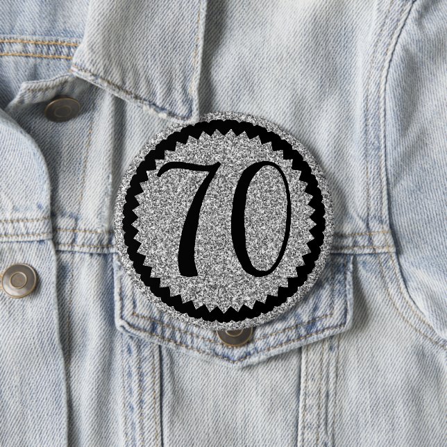 70th Birthday Party Silver Glitter Classic 4 Inch Round Button (In Situ)