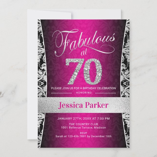 70th Birthday Party - Silver Pink Black Invitation (Front)