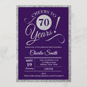 70th Birthday Party - Silver Purple ANY YEAR Invitation