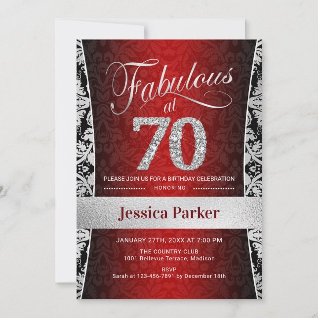 70th Birthday Party - Silver Red Black Invitation (Front)