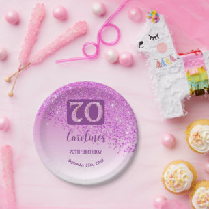 70th Birthday Party Sparkle Pink Glitter Paper Plate