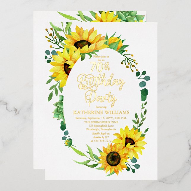 70th Birthday Party Sunflower | Eucalyptus Floral  (Front/Back)