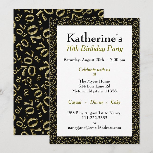 70th Birthday Party Theme - Gold and Black Pattern Invitation (Front/Back)