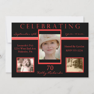 70th Birthday Party Tri Photo Invitations Black & 