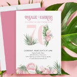 70th Birthday Party Tropical Pink Protea Number 70 Invitation<br><div class="desc">70th birthday party invitation with number 70 decorated with tropical palm leaves,  pink protea flower blooms and a coconut. Subtle feminine and elegant design with watercolor floral arrangements in shades of pink and green. Perfect for 70th birthday celebration,  luau party or garden tea party.</div>