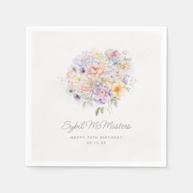 70th Birthday Party Watercolor Floral Custom Napkin (Front)