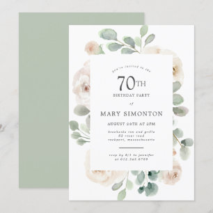70th Birthday Party White Rose Floral Invitation