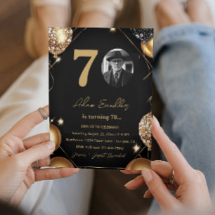 70th birthday party with balloons and glitter invitation