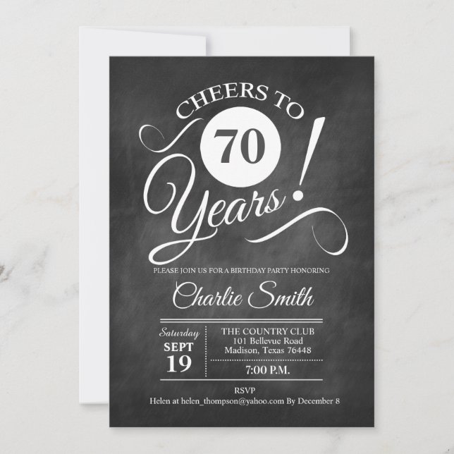 70th Birthday Party with Chalkboard Pattern Invitation (Front)