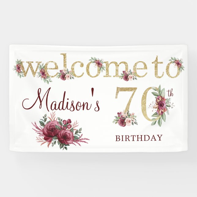 70th Birthday Personalized Burgundy Gold Banner (Horizontal)