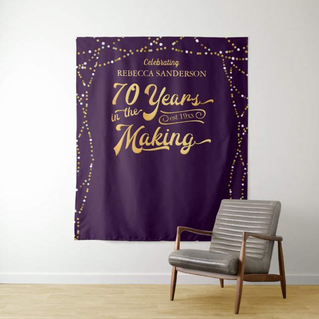 70th Birthday Photo Backdrop Purple and Gold Tapestry (In Situ)