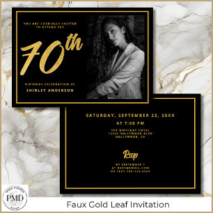 70th Birthday Photo Black Faux Gold Leaf Elegant  Invitation