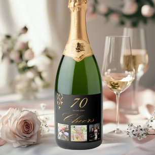 70th birthday photo black gold cheers sparkling wine label