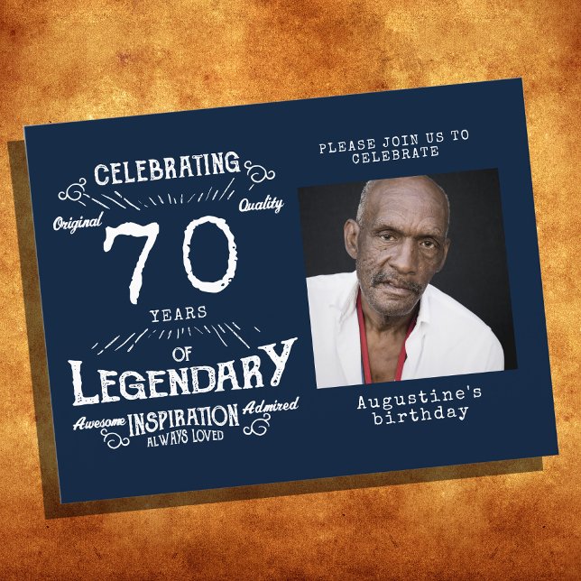 70th Birthday Photo Blue Vintage Birthday Invites Postcard (Creator Uploaded)