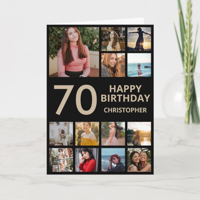 70th Birthday Photo Collage 13 Photos Black & Gold Card (Front)