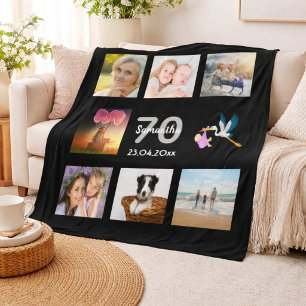 70th birthday photo collage black fleece blanket
