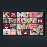 70th Birthday Photo Collage Custom Black Burgundy Banner<br><div class="desc">Celebrate a milestone in style with this 70th Birthday Photo Collage Banner. Easily personalize it with your own photos, custom text, and theme colors to create a one-of-a-kind decoration for your party. Perfect for displaying cherished memories. This banner makes a stunning backdrop for birthdays, photo booths, and event décor. Designed...</div>