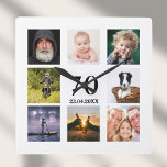 70th birthday photo collage guy square wall clock<br><div class="desc">A wall clock as a gift for a 70th birthday for a guy,  celebrating his life with a collage of 8 of your own photos.  Templates for a name,  age 70 and a date.  Date of birth or the date of the anniversary.  Black colored letters.  White background.</div>