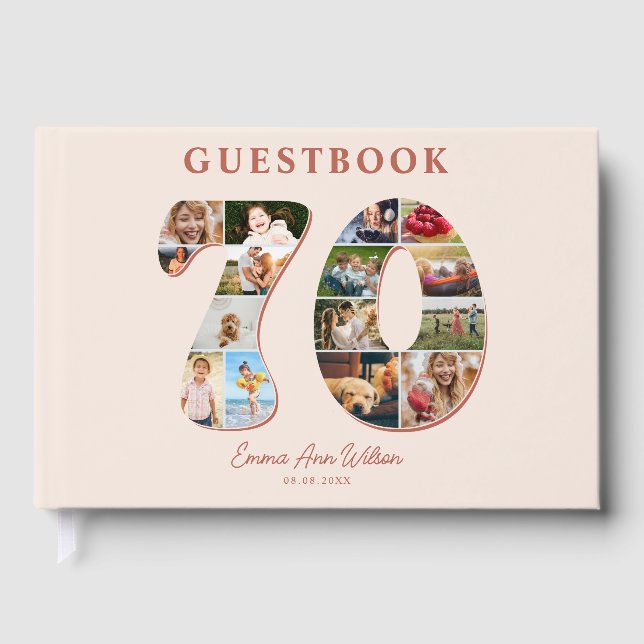 70th Birthday Photo Collage Milestone Guestbook (Front)