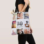 70th birthday photo collage white tote bag<br><div class="desc">A unique gift for a woman's 70th birthday, celebrating her life with a collage of 8 of your own photos, pictures. Personalize and add her name, age 70 and a date. A chic white background. Grey and black letters and numbers. The name is written with a modern hand lettered style...</div>