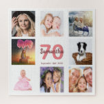 70th birthday photo collage woman white jigsaw puzzle<br><div class="desc">A gift for a woman's 70th birthday, celebrating her life with a collage of 8 of your photos. Templates for a name, age 70 and a date. Date of birth or the date of the anniversary. Coral and burgundy colored letters. White background.</div>