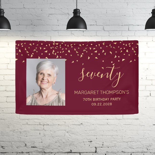 70th Birthday Photo Gold Triangles Burgundy Banner (Creator Uploaded)