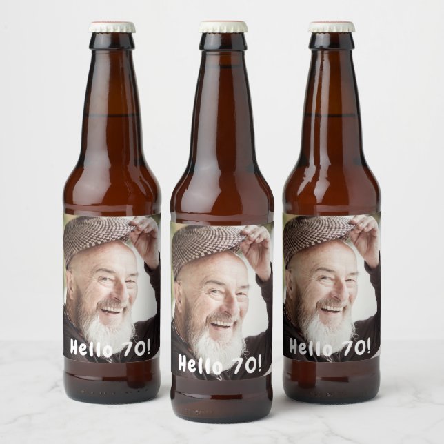 70th birthday photo hello 70 guys men beer bottle label (Bottles)