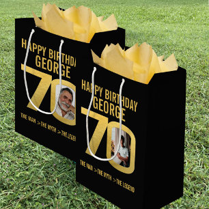 70th Birthday photo now and then black gold legend Medium Gift Bag