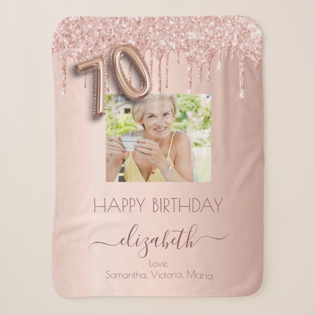 70th birthday photo rose gold glitter pink friends sherpa blanket (Front)