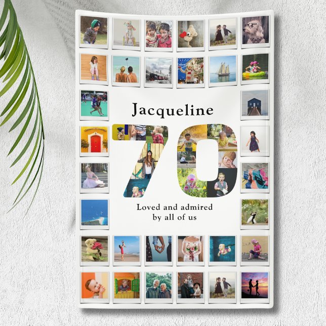 70th Birthday Photo Template Banner (Personalized 70th birthday party wall banner with custom family photo collage template.)