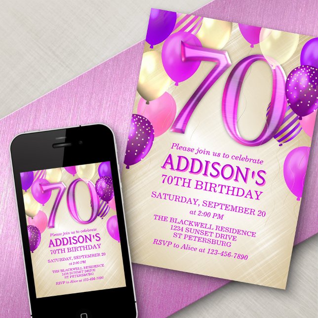 70th Birthday Pink Balloons Invitation (Creator Uploaded)