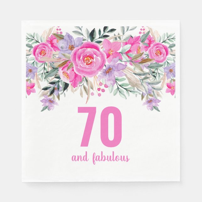 70th birthday pink floral party napkins (Front)