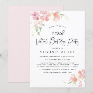 70th Birthday Pink Floral Watercolor Virtual Party Invitation