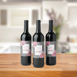 70th birthday pink florals on black white stripes wine label