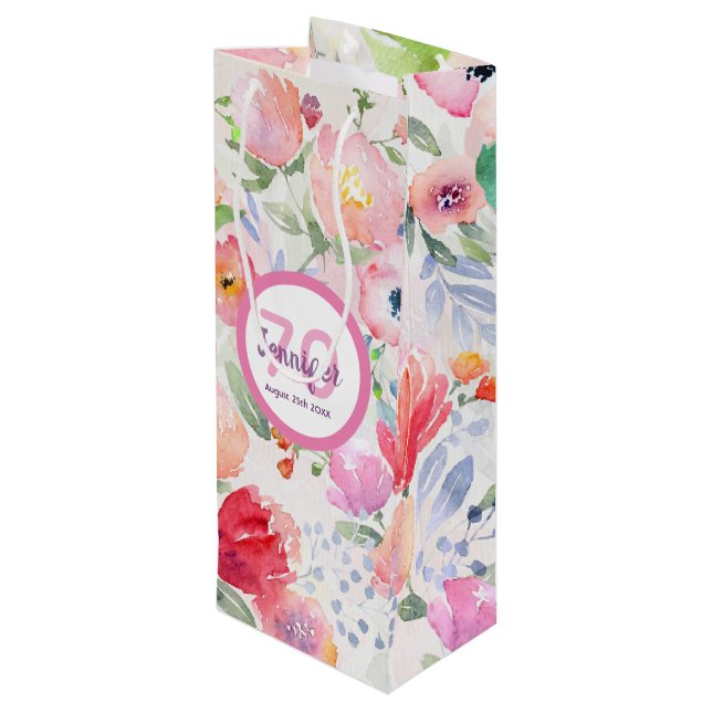 70th birthday pink flowers pastel bohemian style wine gift bag (Back Angled)