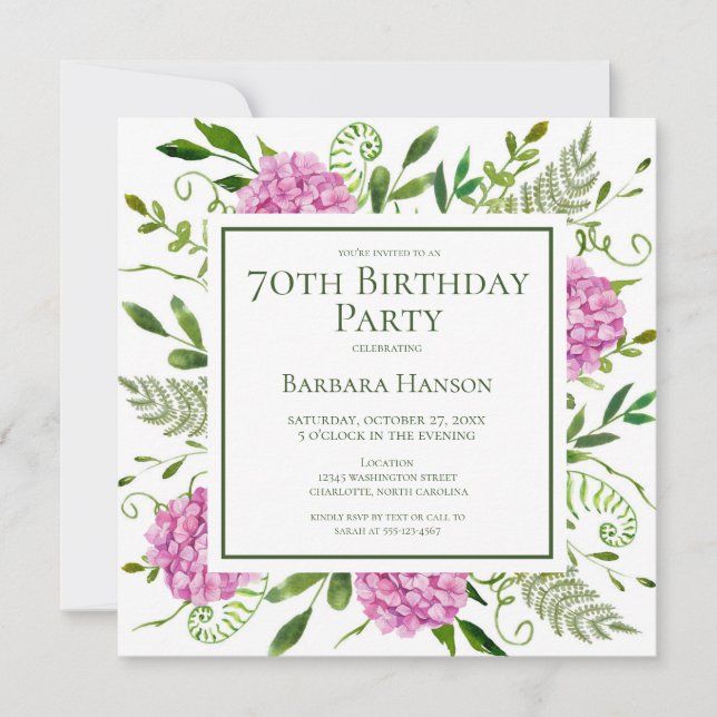 70th Birthday Pink Hydrangeas Card Request  (Front)