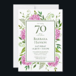 70th Birthday Pink Hydrangeas Card Request<br><div class="desc">This pink hydrangea 70th Birthday invitation with card request on the back is perfect for celebrating your wife, mom, aunt, sister, friend, grandmother. It's lovely watercolor flowers and clean type make it stunning, modern yet classic! It's super easy to make these invitations by selecting Personalize this template and typing in...</div>