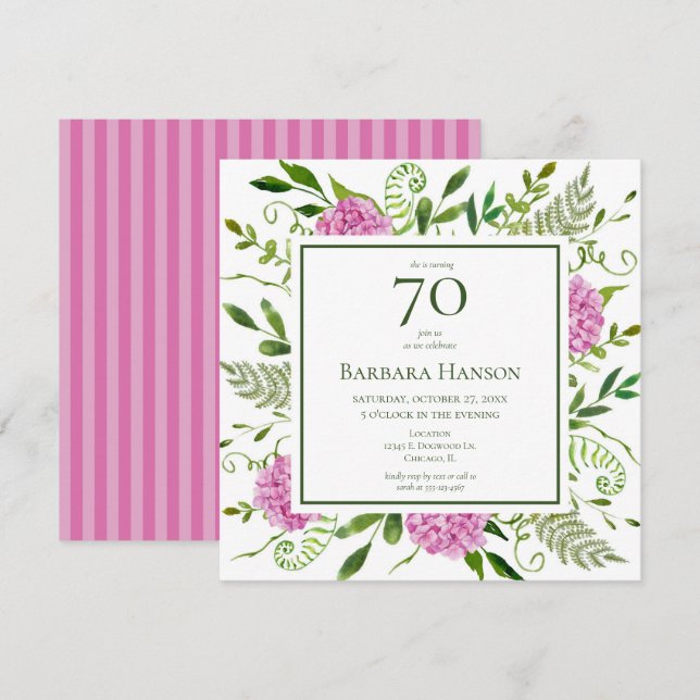 70th Birthday Pink Hydrangeas Invitation (Front/Back)