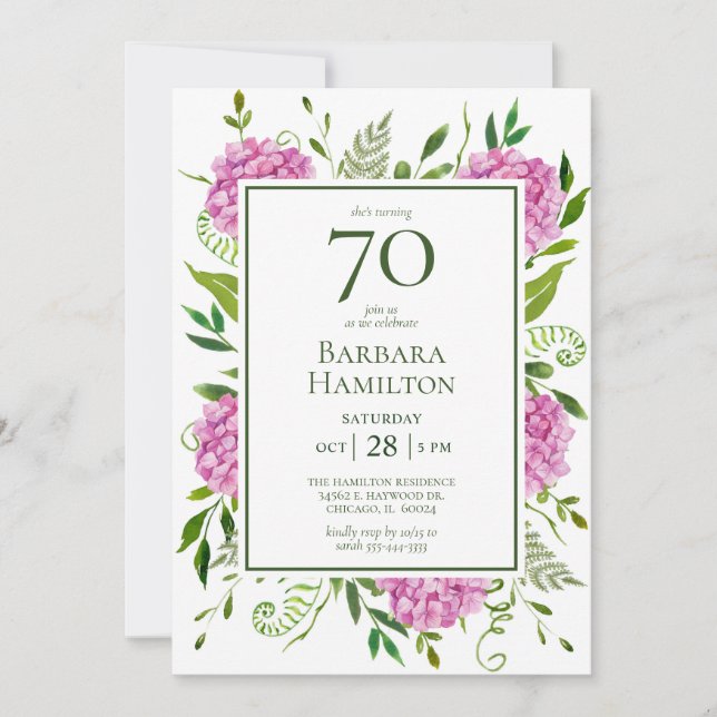70th Birthday Pink Hydrangeas Invitation (Front)
