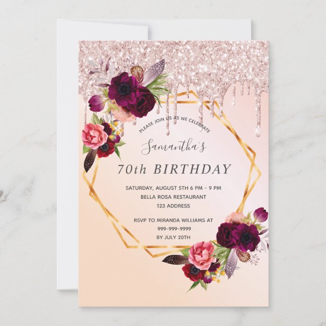 70th birthday pink peach burgundy florals drips invitation (Front)