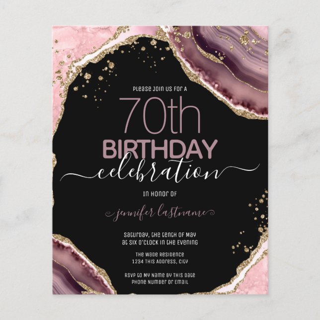 70th Birthday Pink Purple Agate Budget Invitation (Front)