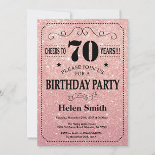 70th Birthday Pink Rose Gold Glitter Invitation