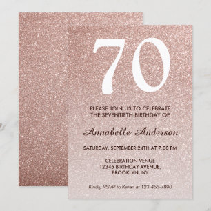 70th Birthday Pink Rose Gold Glitter Sparkle Ombre Invitation